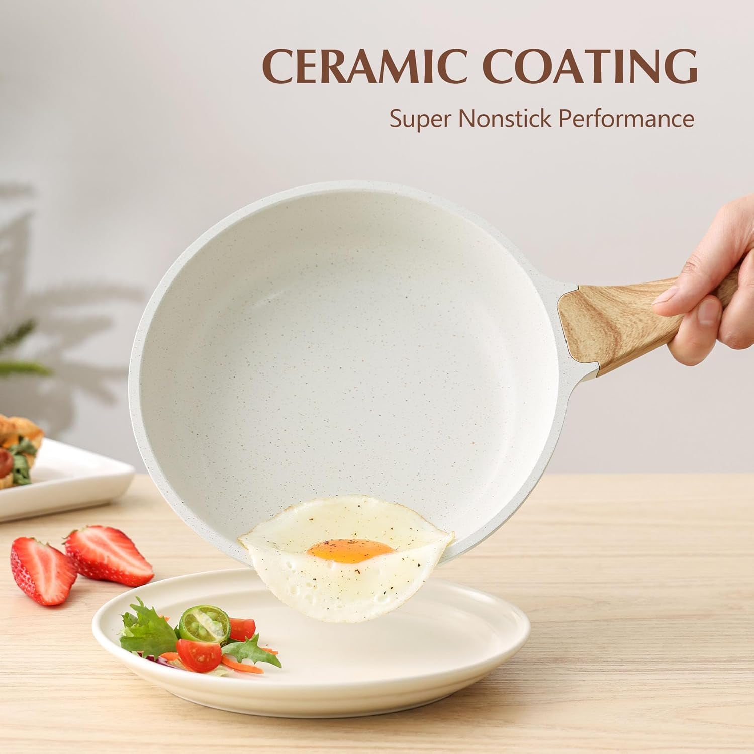 Nonstick Ceramic Frying Pan with Lid 8/9.5/10/11/12.5 Inch Omelet Pan Skillet, Free of Intentionally Added PFAS/PTFE Non-Toxic Chef'S Pan Induction Compatible Pan, Heat Resistant Handle