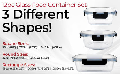 Premium Borosilicate Glass Food Storage Containers with Lids Set | 24Pc Sets with 12 Bowls & 12 Airtight Locking Lids for Lunch & Meal Prep, Safe for Oven, Freezer, Dishwasher, Bpa-Free