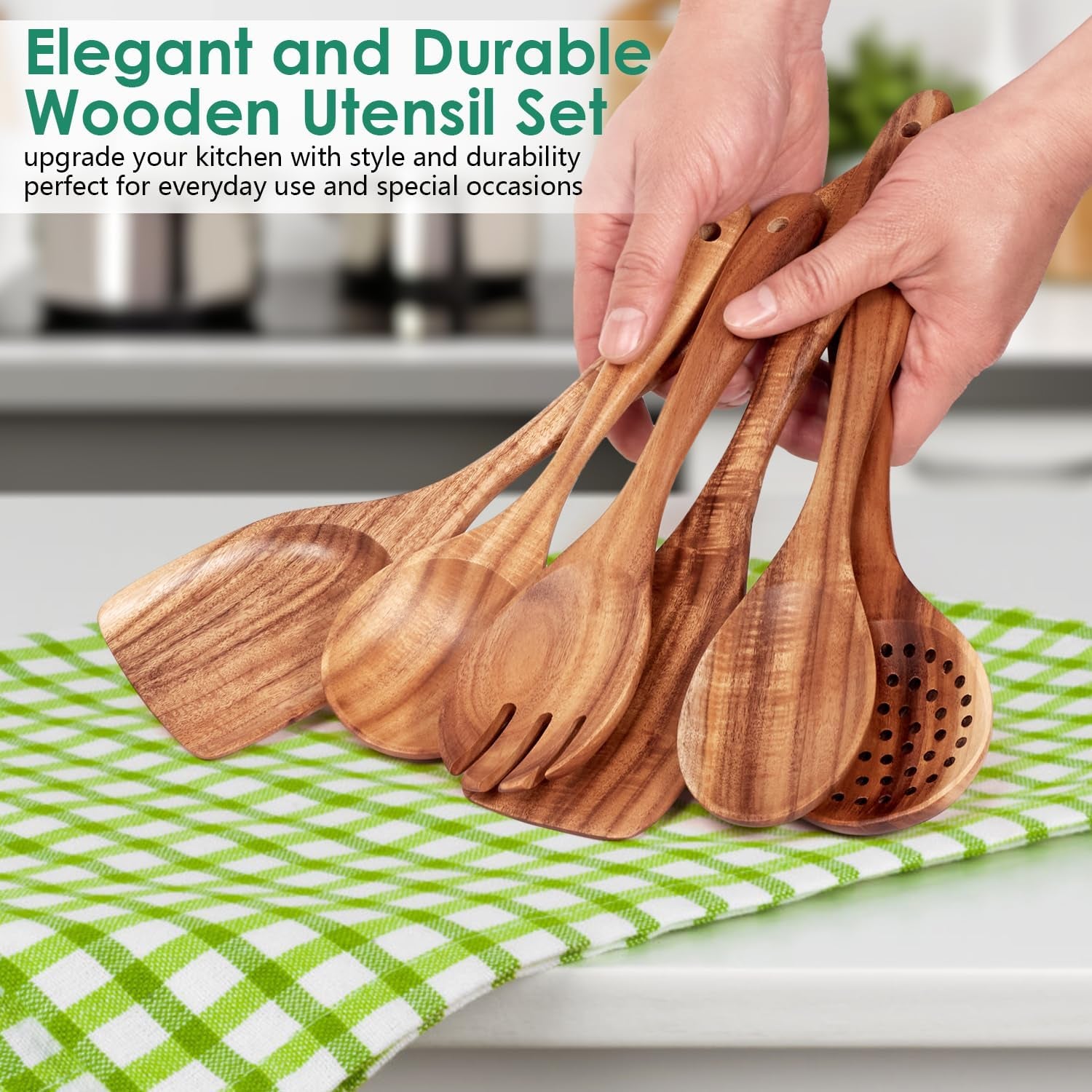 Wooden Spoons for Cooking, Teak Wood Kitchen Utensil Set, Premium Handmade Wooden Utensils for Nonstick Cookware, Heat Resistant, Smooth Finish, Comfortable Grip, 6 Piece