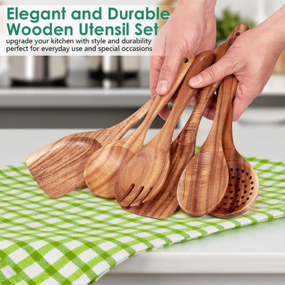 Wooden Spoons for Cooking, Teak Wood Kitchen Utensil Set, Premium Handmade Wooden Utensils for Nonstick Cookware, Heat Resistant, Smooth Finish, Comfortable Grip, 6 Piece