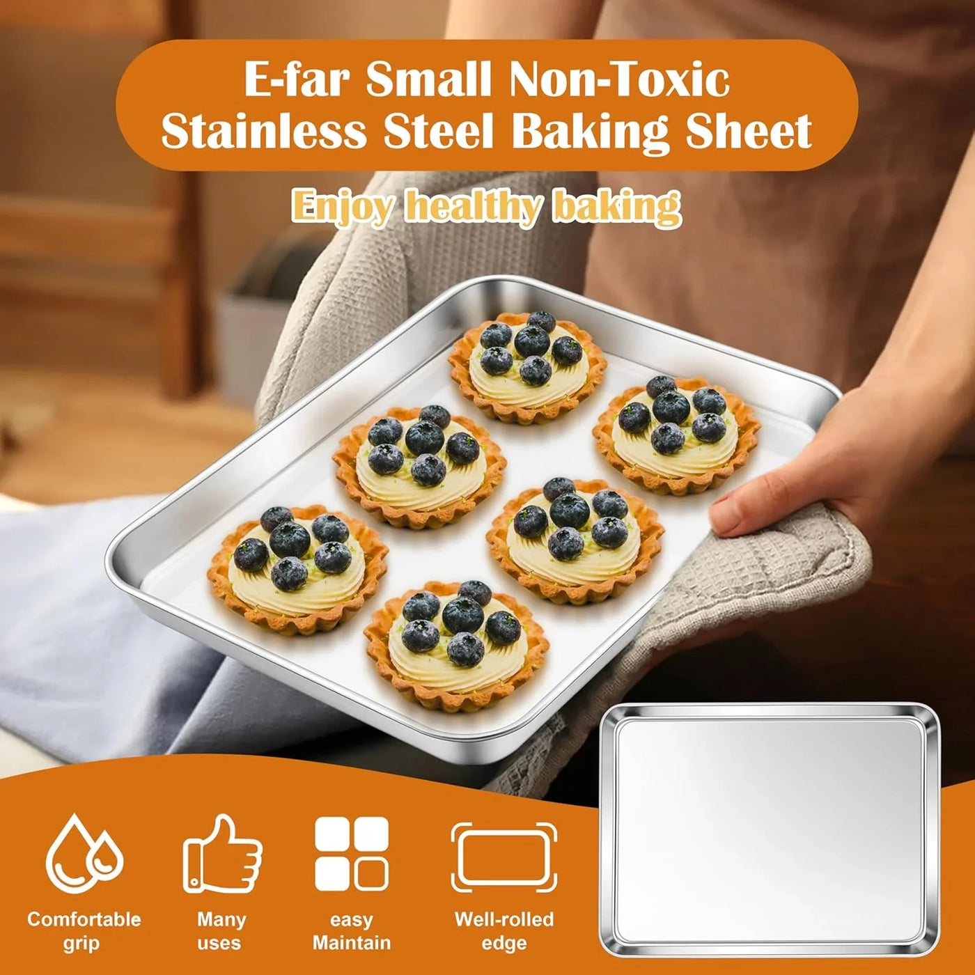 Toaster Oven Tray, 10.5”X8.3” Stainless Steel Small Baking Cookie Sheet, Compact Non-Toxic Metal Baking Pan for Cake, Healthy & Rust Free, Mirror Finish & Dishwasher Safe, 1 Pack