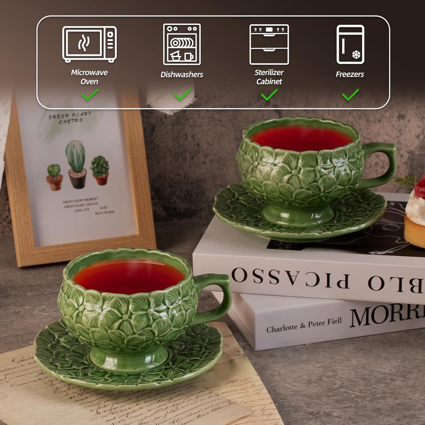 Tea Cups and Saucers Set of 2, Porcelain Coffee Cups, 8.5-Ounce Stackable Espresso Mugs, Ceramic Demitasse for Coffee, Latte, Americano, Tea, Green Flower