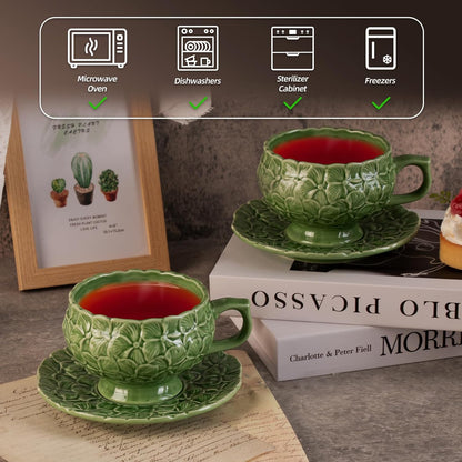 Tea Cups and Saucers Set of 2, Porcelain Coffee Cups, 8.5-Ounce Stackable Espresso Mugs, Ceramic Demitasse for Coffee, Latte, Americano, Tea, Green Flower