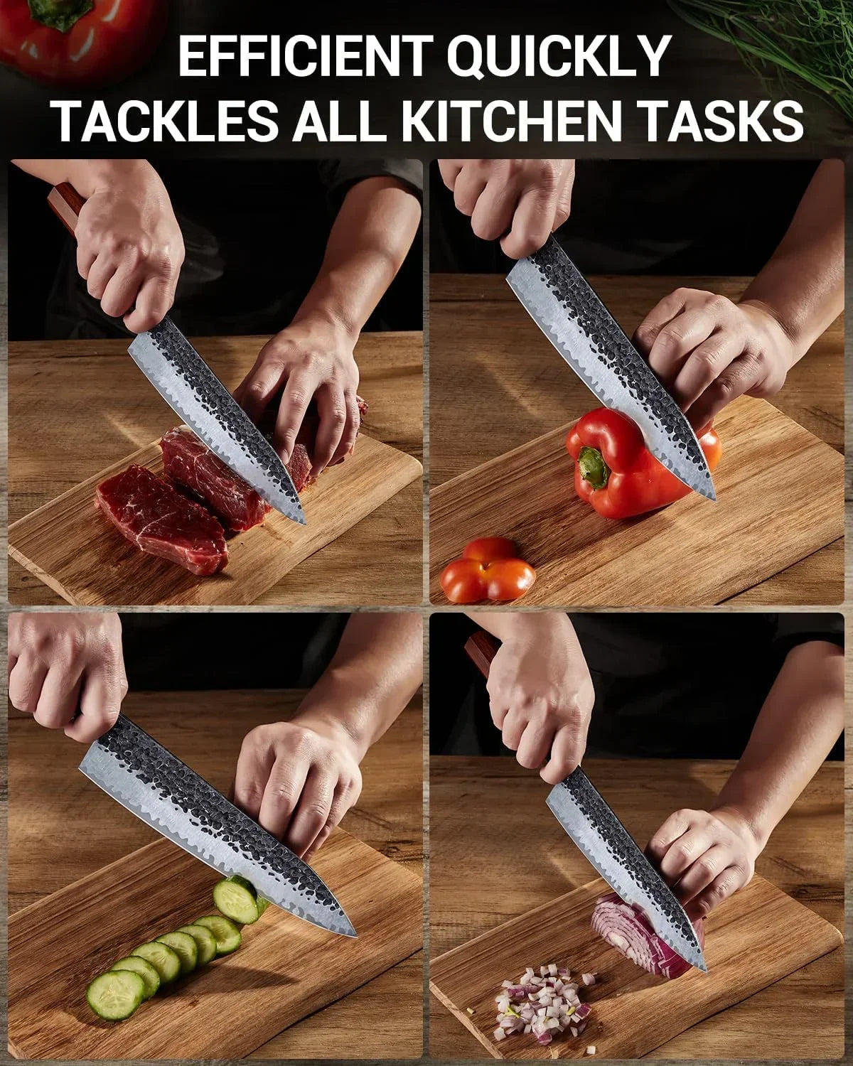Chef knife slicing meat, bell pepper, cucumber, and onion on wooden cutting boards.