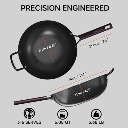 13.5" Carbon Steel Wok Pan - Pre-Seasoned Flat Bottom Woks & Stir-Fry Pans Chinese Cookware with Lid & Spatula - for Pan-Fry,Stir Fry, Steam, BBQ & Camping - Compatible with Induction, Gas