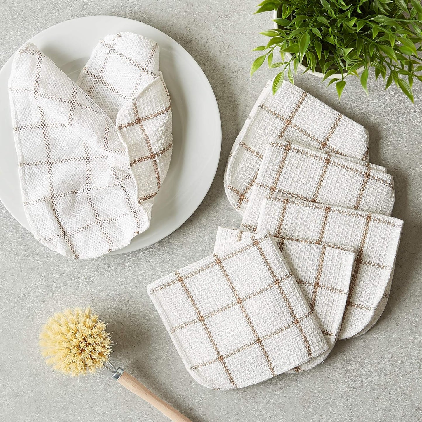Scrubber Dishcloths Collection Windowpane Dishrag Set, 12X12, White/Stone Stripe, 6 Piece