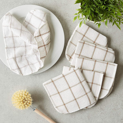 Scrubber Dishcloths Collection Windowpane Dishrag Set, 12X12, White/Stone Stripe, 6 Piece