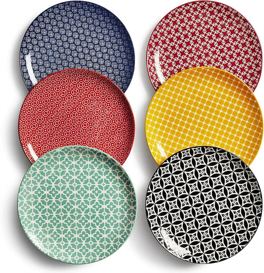8.5" Salad Plates Set of 6, Ceramic Dessert Plate for Appetizer, Sushi, Microwave, Oven & Dishwasher Safe, Colorful Design Perfect for Party, Wedding, Birthday, Mothers Day Gifts