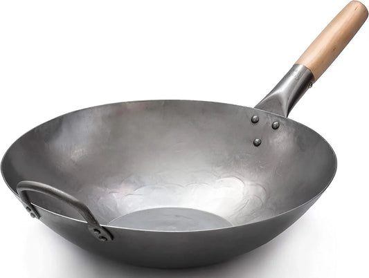 Flat Hand Hammered Carbon Steel Pow Wok with Wooden and Steel Helper Handle (14 Inch, Flat Bottom) / 731W316