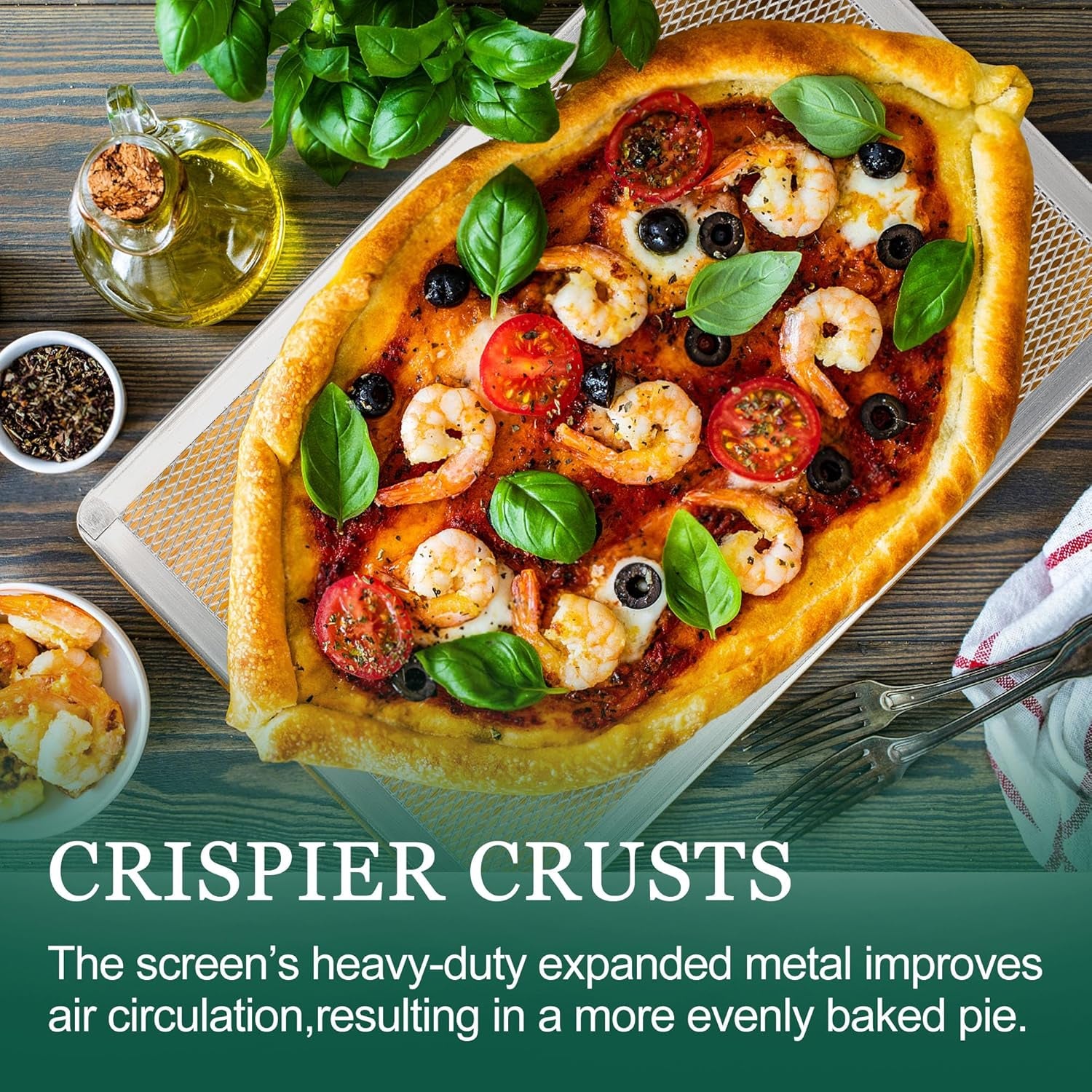 Pizza Screen 11 X 16 Inch 2 Pack Rectangular Aluminum Pizza Pan Restaurant-Grade Flatbread Screen Pizza Crisper Pan,Oven-Safe