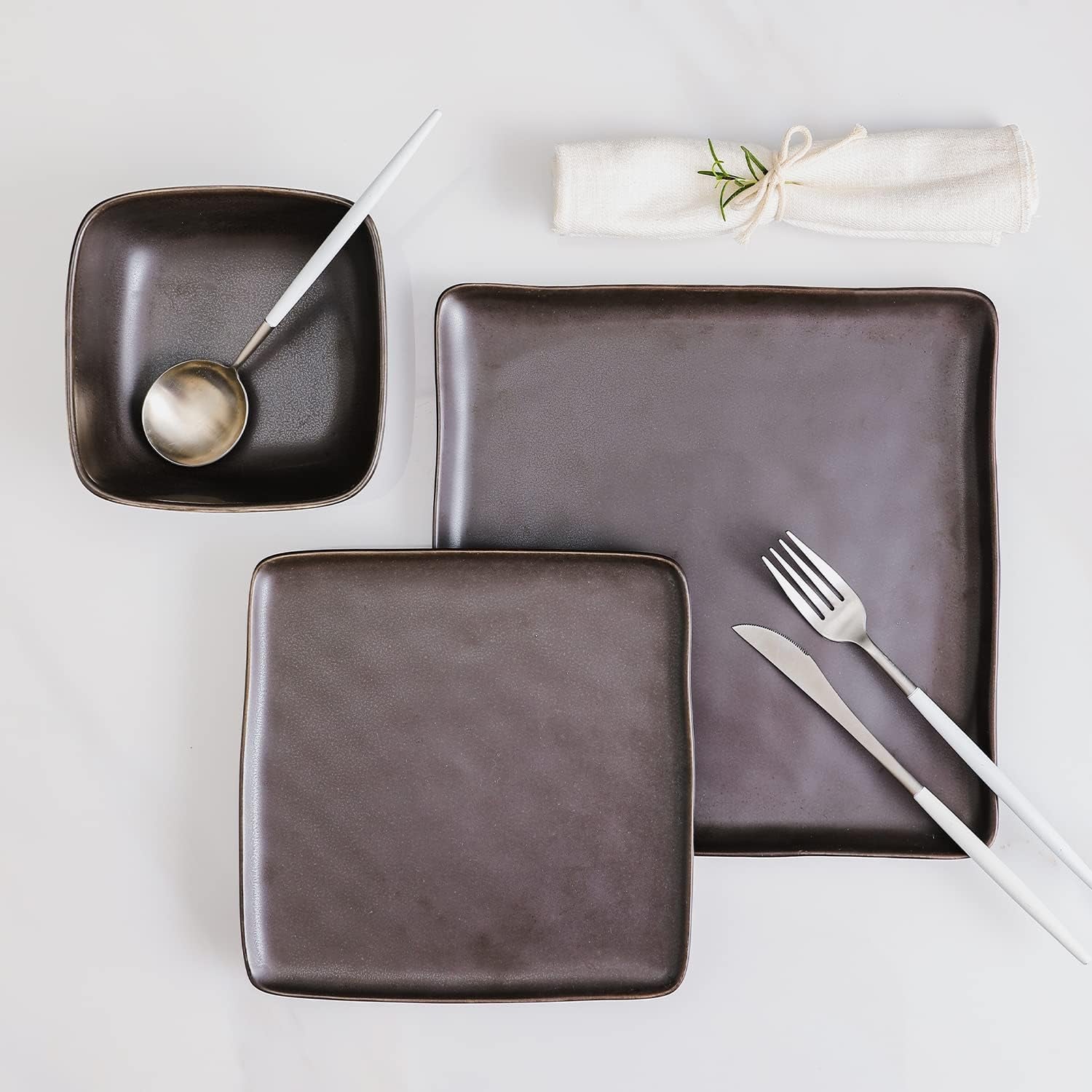 Jonny Stoneware 12 Piece Dinnerware Set, Home Kitchen Modern Square Dish Set with Dinner Plates, Salad Plates, & Bowls, Brown