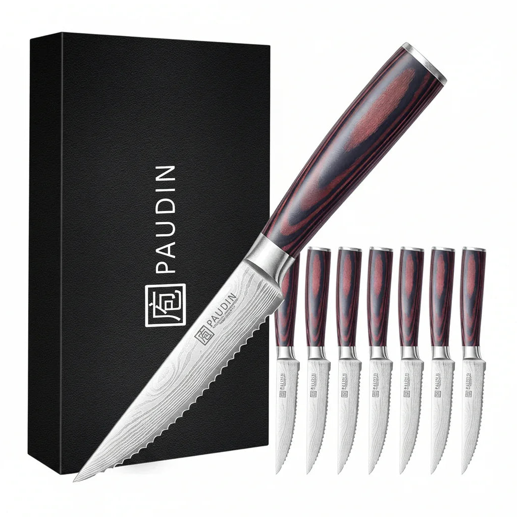 PAUDIN Damascus steel steak knife set with wooden handles, ideal for kitchen cooking and dining