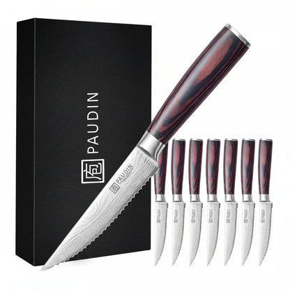 PAUDIN Damascus steel steak knife set with wooden handles, ideal for kitchen cooking and dining