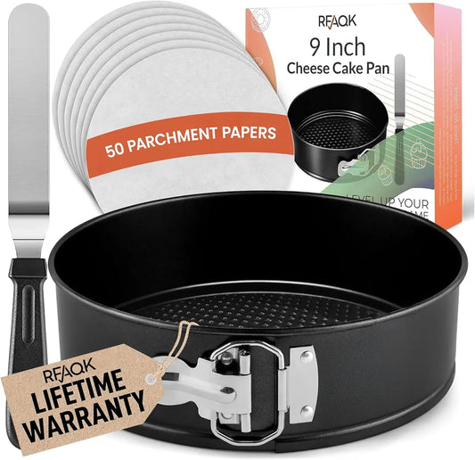 Non-Stick 9 Inch Springform Pan - Spring Form Pan for Cheesecake with Removable Bottom, Bonus Icing Spatula with 10 Pcs Parchment Paper & Recipe E-Book - Ideal for Baking Cakes, Pizzas, & More!
