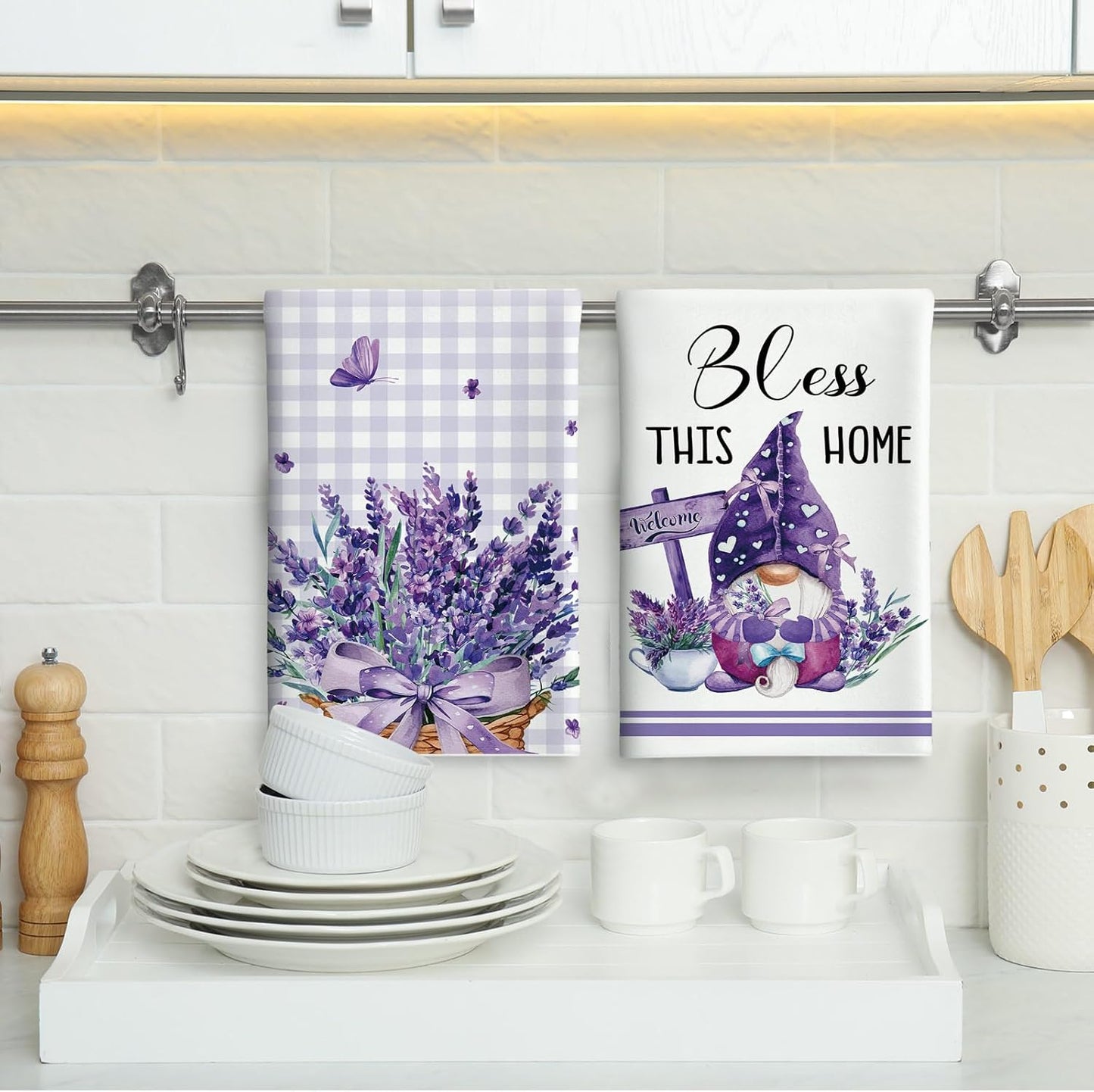 6 Pcs Lavender Summer Kitchen Towel Set Funny Housewife Farmhouse Rustic Bath Hand Towel for Holiday Bathroom Gift, 24 X 16 Inches(Purple,Lavender)