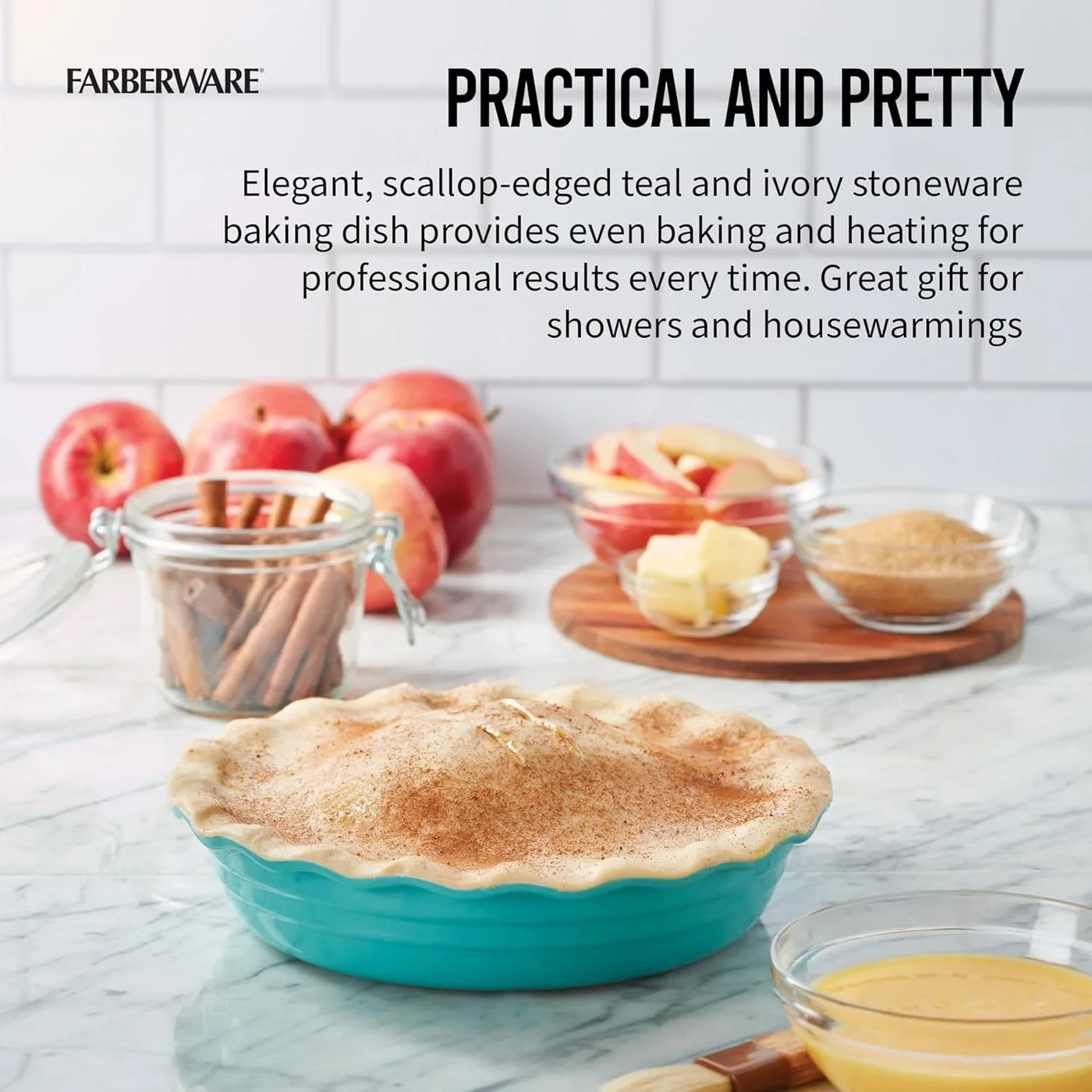 Bakers Advantage 10 Inch Pie Dish, Stoneware Pie Pan with Scalloped Edge, Two-Tone Teal and Ivory Ceramic Pie Plate for Baking Quiche, Casseroles, and Deep Dish Pies