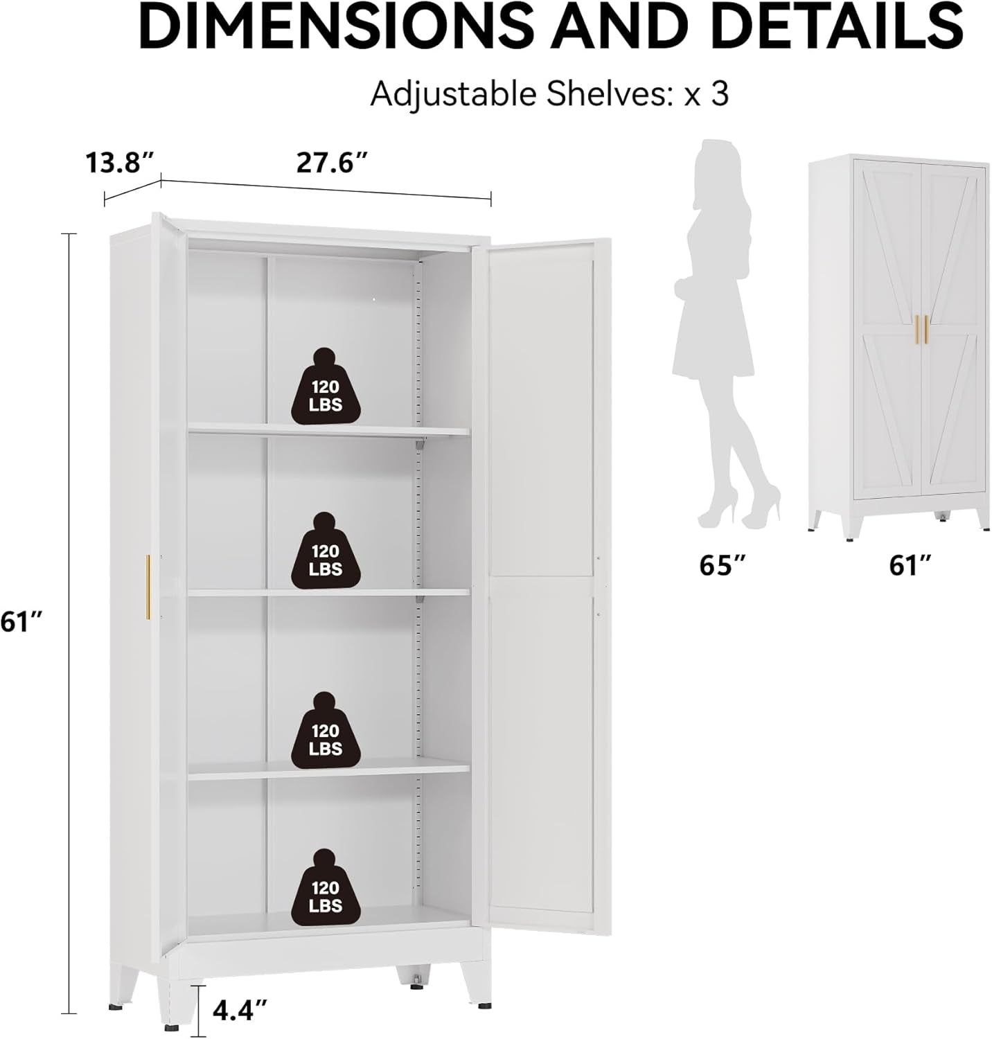 61" Metal Pantry Cabinet with Adjustable Shelves, White Storage Cabinet with Doors and Shelves, Sturdy Freestanding Cupboard for Kitchen Pantry, Bathroom Storage, Living Room & Office