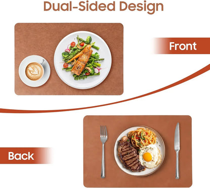 Placemats Set of 6 - Easy Clean Washable PU Leather Place Mats for Dining Table, 12 X 18 Inch Heat Resistant Non-Slip Table Mats for Kitchen, Indoor, Outdoor, Brown