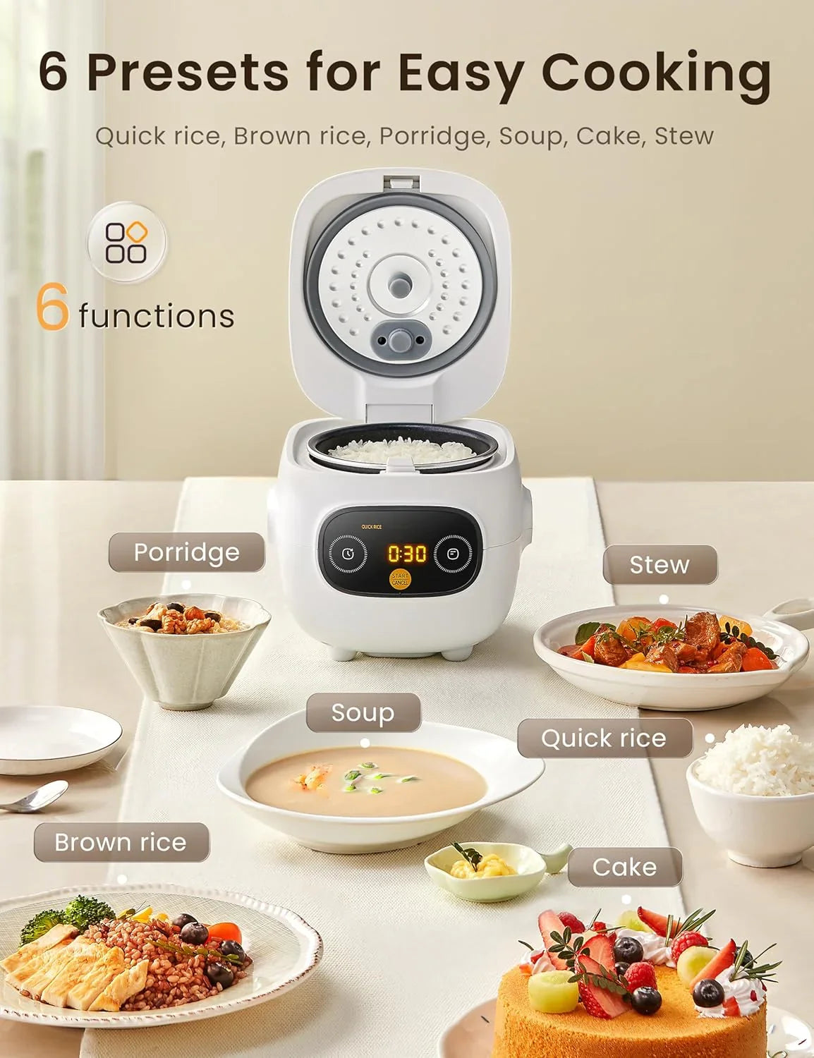 Mini Rice Cooker 4 Cups Cooked/2 Cups Uncooked, Portable Non-Stick Rice Maker, 24 Hours Timer Delay, 6 Functions, Fast Cooker, Brown Rice, Oatmeal, White