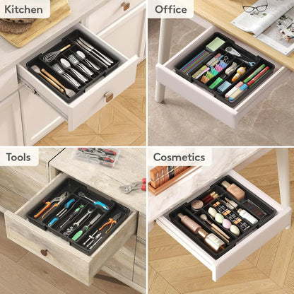 Silverware Drawer Organizer, Expandable Utensil Tray for Kitchen, BPA Free Flatware and Cutlery Holder, Adjustable Plastic Storage for Spoons Forks Knives, 8.5-14 X 12", Black