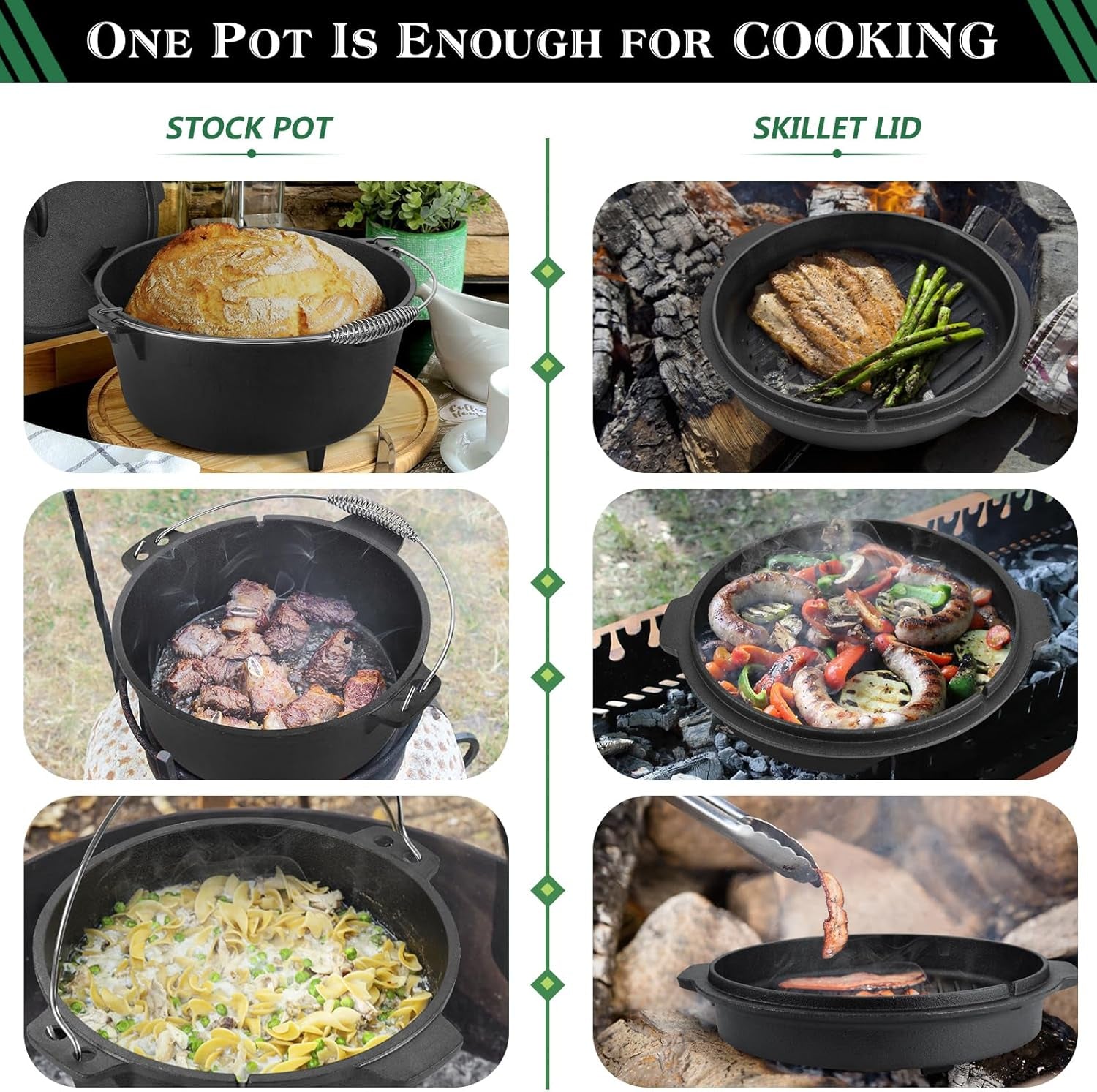 5QT Cast Iron Dutch Oven with Stainless Steel Scrubber,  2-In-1 Pre-Seasoned Camping Pot, Heavy Duty Campfire Pot with Feet for Outdoor Stovetop Griddle Cooking Baking Roasting Stewing