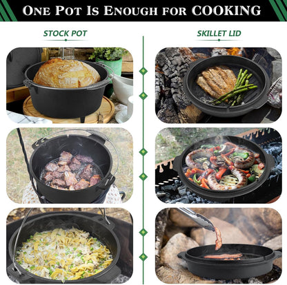 5QT Cast Iron Dutch Oven with Stainless Steel Scrubber,  2-In-1 Pre-Seasoned Camping Pot, Heavy Duty Campfire Pot with Feet for Outdoor Stovetop Griddle Cooking Baking Roasting Stewing