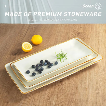 Serving Platter, Rectangular 15.67/14.1/12.6Inch Serving Dishes for Entertaining, Microwave Dishwasher Safe, Stoneware Serving Trays for Party, Turkey, Cheese, Ocean Series, Vanilla White