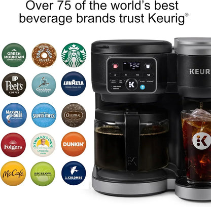 Keurig coffee maker with digital display, brewing hot and iced coffee using various brand pods