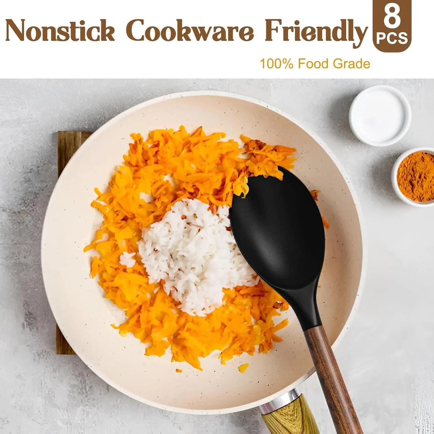 Silicone Cooking Utensil Set,  8-Piece Kitchen Utensils Set with Natural Acacia Wooden Handles,Food-Grade-Silicone Kitchen Gadgets Spatulas Set for Nonstick Cookware- Black