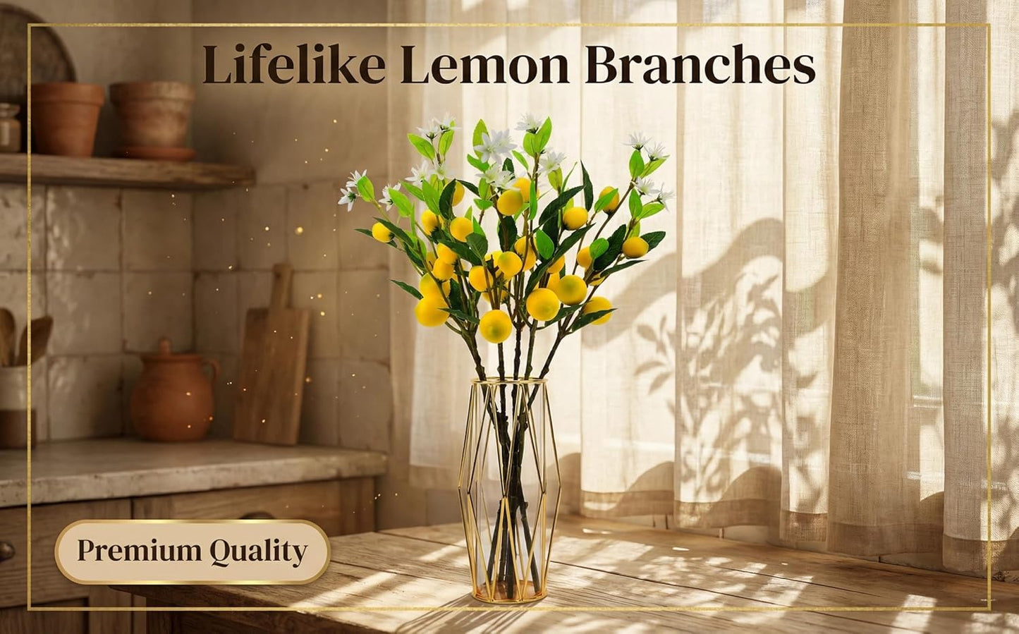 5Pcs Artificial Lemons Branches 24 Inch Fake Fruit Simulation Lemon with Stem for Kitchen Decoration Farmhouse Flower Arrangement Themed Party Table Home Decor