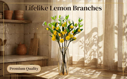 5Pcs Artificial Lemons Branches 24 Inch Fake Fruit Simulation Lemon with Stem for Kitchen Decoration Farmhouse Flower Arrangement Themed Party Table Home Decor