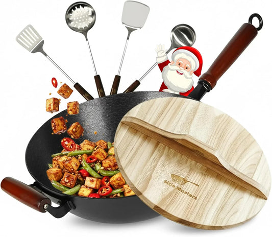 Pre-Seasoned Cast Iron Nonstick Stir-Fry Pan | Dual Handles & 4 Spatulas | Flat Bottom Wok with Wooden Lid & Wood Handle | Traditional Chinese Induction Wok (36Cm)