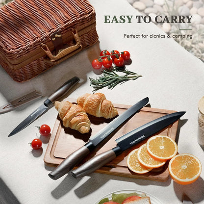 13-Piece Kitchen Knife Set with Black Anti-Rust Coating, Dishwasher Safe, Stainless Steel Chef Knives Set with 6 Blade Guards, Wood Grain Handle, Perfect Holiday & Housewarming Gifts