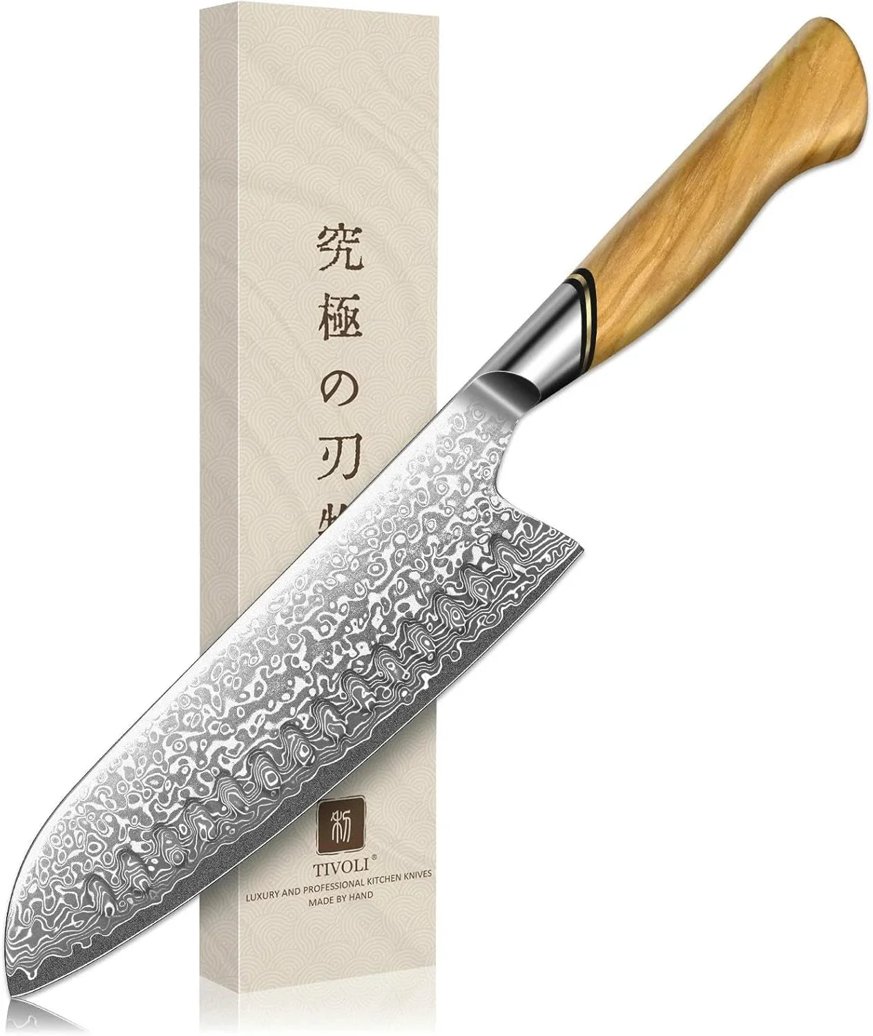 Damascus Santoku Knife 7 Inch – Japanese VG-10 Professional Kitchen Knife for Meat and Vegetables with Ergonomic Olive Wood Handle, Gift Box Included, Ideal Gift