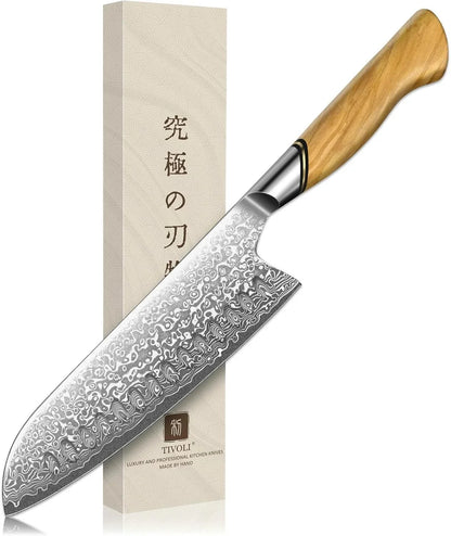 Damascus Santoku Knife 7 Inch – Japanese VG-10 Professional Kitchen Knife for Meat and Vegetables with Ergonomic Olive Wood Handle, Gift Box Included, Ideal Gift