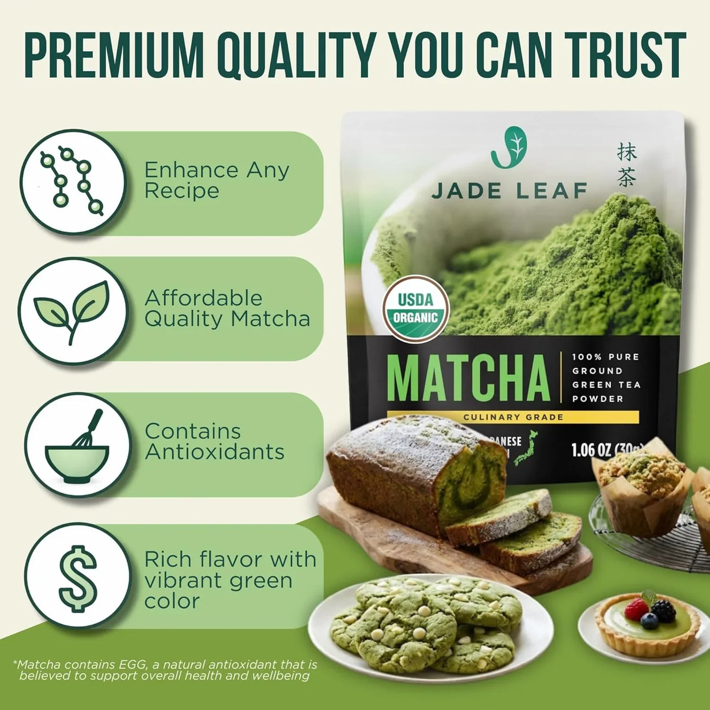 Organic Culinary Grade Matcha Powder - Japanese Green Tea for Baking, Smoothies, Lattes, and Skin Care, 30G / 1.06 Ounce (Pack of 1)