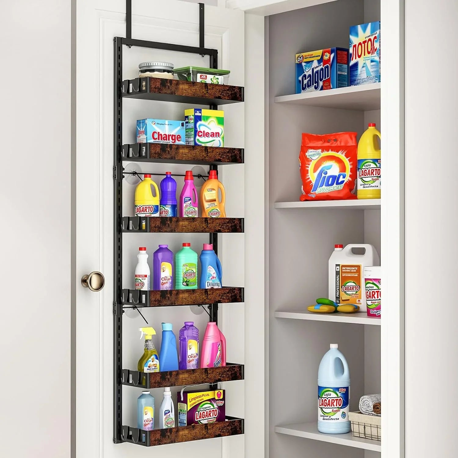 over the Door Pantry Organizer, 6-Tier Adjustable Wooden Basket Kitchen Pantry Door Organization and Storage, Heavy-Duty Metal Hanging Kitchen Spice Rack, D6.3 X W17.71 X H50.60 Inch, 1 Pack