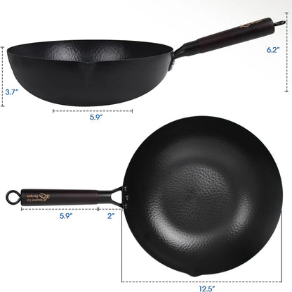 12.5 Inch Carbon Steel Wok for Electric, Induction and Gas Stoves (Lid, Spatula and User Guide Video Included)