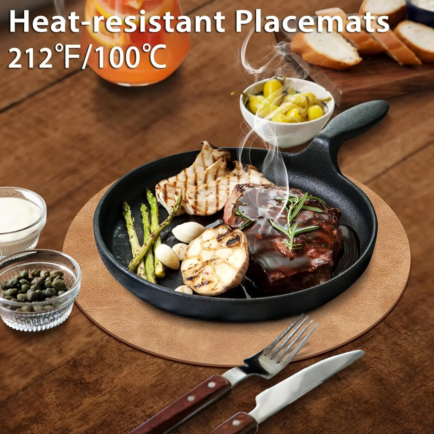 Placemats, Heat Resistant round Placemats Set of 8 Washable, Waterproof Table Mats, Wipeable Faux Leather Place Mats for Kitchen, Dining Room, Camel