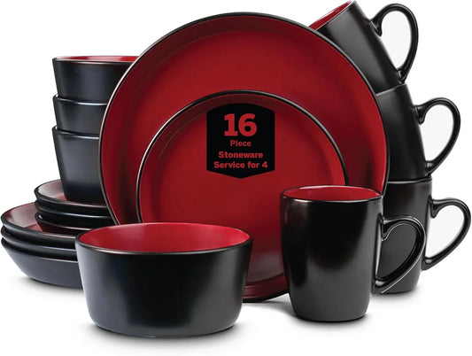 Albie Stoneware 16 Piece Modern Dinnerware Set, Kitchen Plates and Bowls Sets, Service for 4, Red and Black, Microwave & Dishwasher Safe