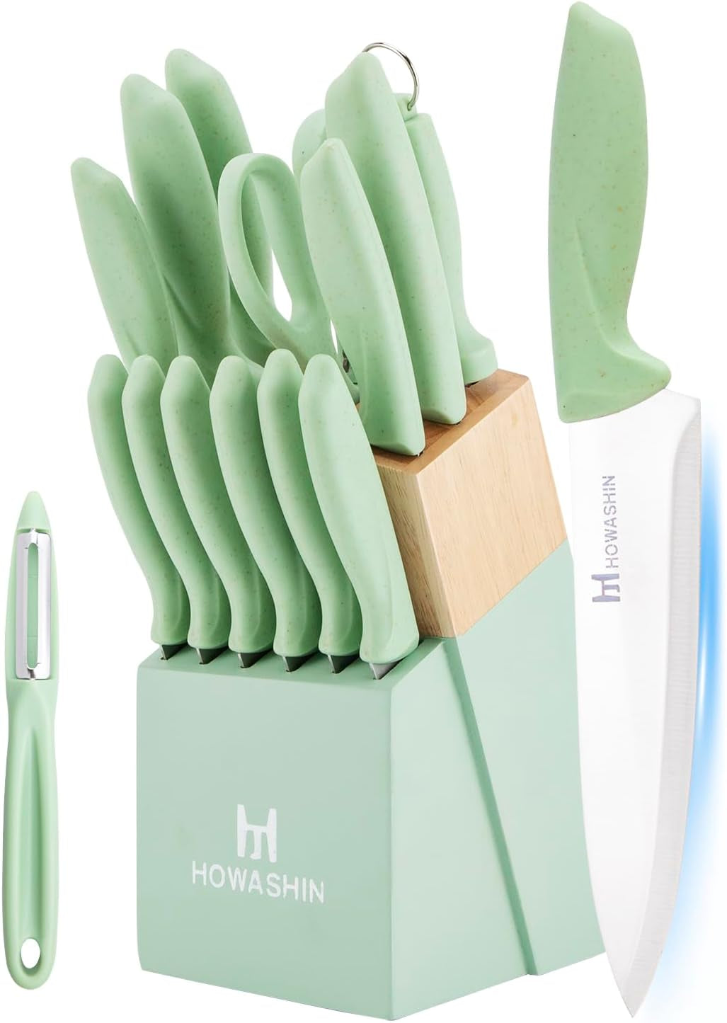 Knife Set,  15 Pieces Kitchen Knife Set with Built in Knife Sharpener, High Carbon German Stainless Steel Knife Block Set, Hand Wash Safe Knives Set, Green