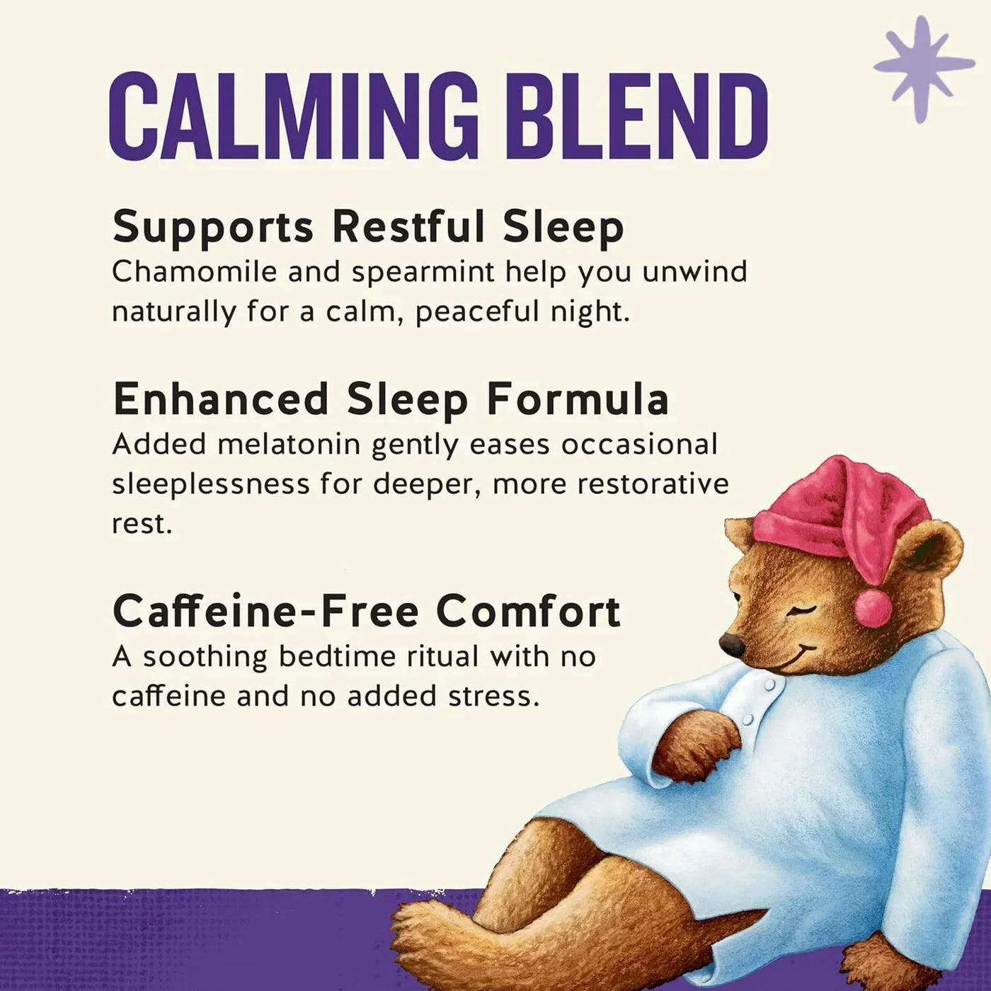 Calming blend tea for restful sleep with chamomile, spearmint, melatonin — caffeine-free bedtime comfort