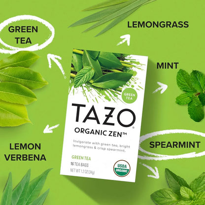 Tazo Organic Zen green tea with lemongrass, mint, and spearmint, USDA organic, 16 tea bags