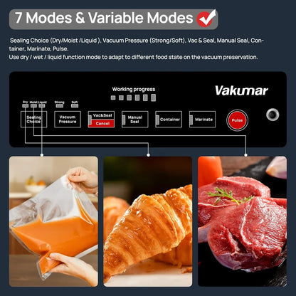Vacuum Sealer Machine, 90Kpa Liquid Food Vacuum Sealer Machine Preservation Dry/Moist/Liquid Modes, LED Indicator Light, Handle Locked Design, Built-In Cutter and Bag Storage, Starter Kit