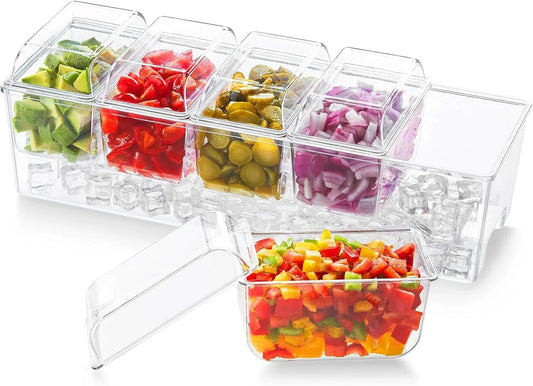 Ice Chilled Condiment Caddy with 5 Containers, Condiment Server with Separate Lid, Serving Tray Platter with Removable Dishes for Bar Fruit Salad Taco Party Garnish, 39 X13Cm/15X5