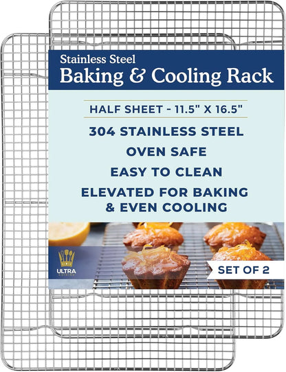 Oven-Safe, Dishwasher-Safe 100% Stainless Steel Cooling and Baking Rack Set Heavy Duty Tight-Wire - 11.5 X 16.5-Inch - Set of 2 - Half Sheet Pan Cooling Racks