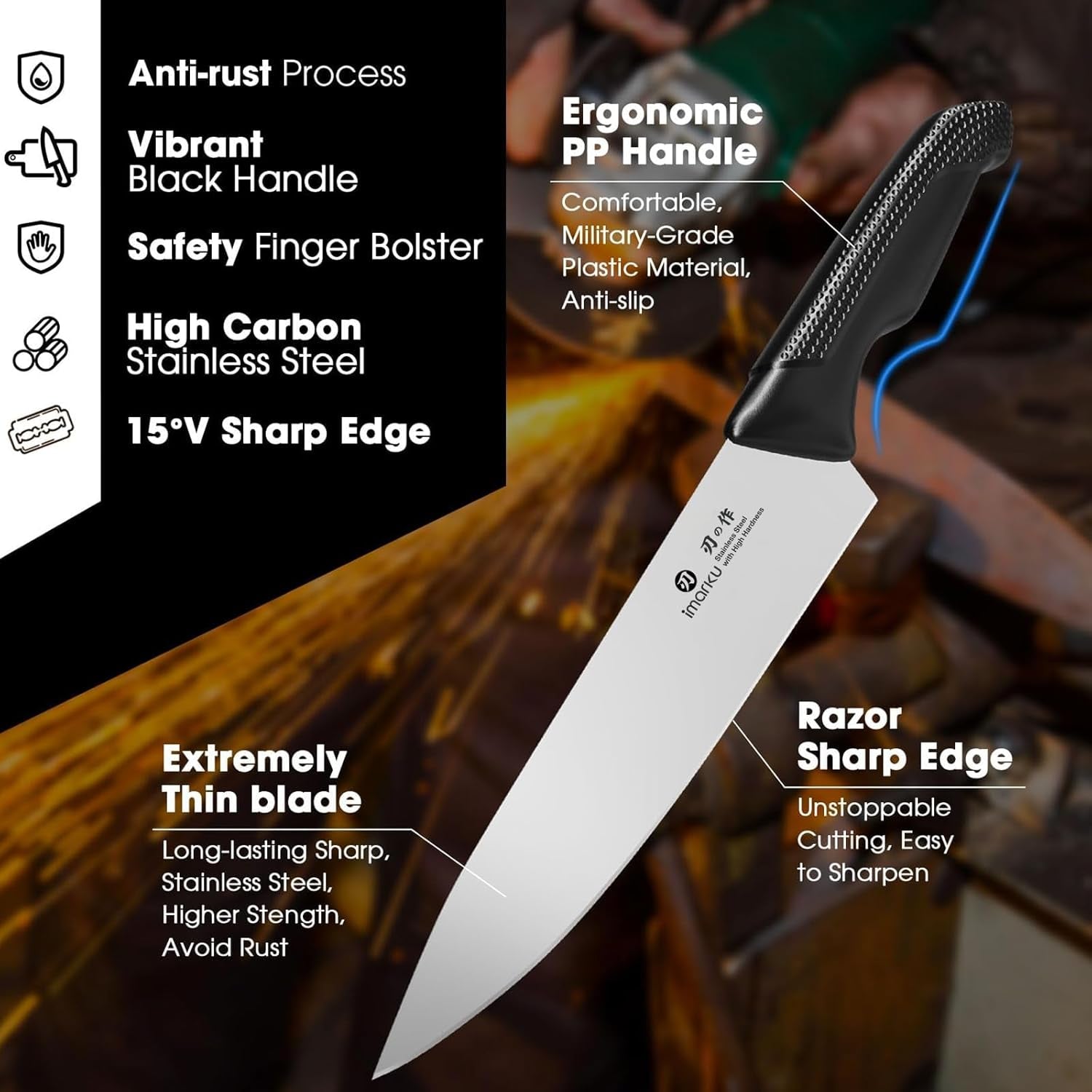 Knife Set with Block, Sharp Knives Set with Built-In Sharpener, Stainless Steel Kitchen Knife Sets with Non-Slip Ergonomic Handle, Dishwasher Safe, 14 PCS Professional Knife Set for Gift, Black