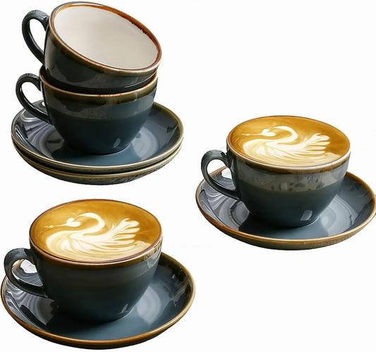 Ceramic Cappuccino Cup Set of 4, 7.8 OZ Cups and Saucers Set,Coffee Mocha Cup Sets,Black Coffee Cups and Glaze Americano Mugs Great for Party and Low Tea Time (Blue 220Ml)