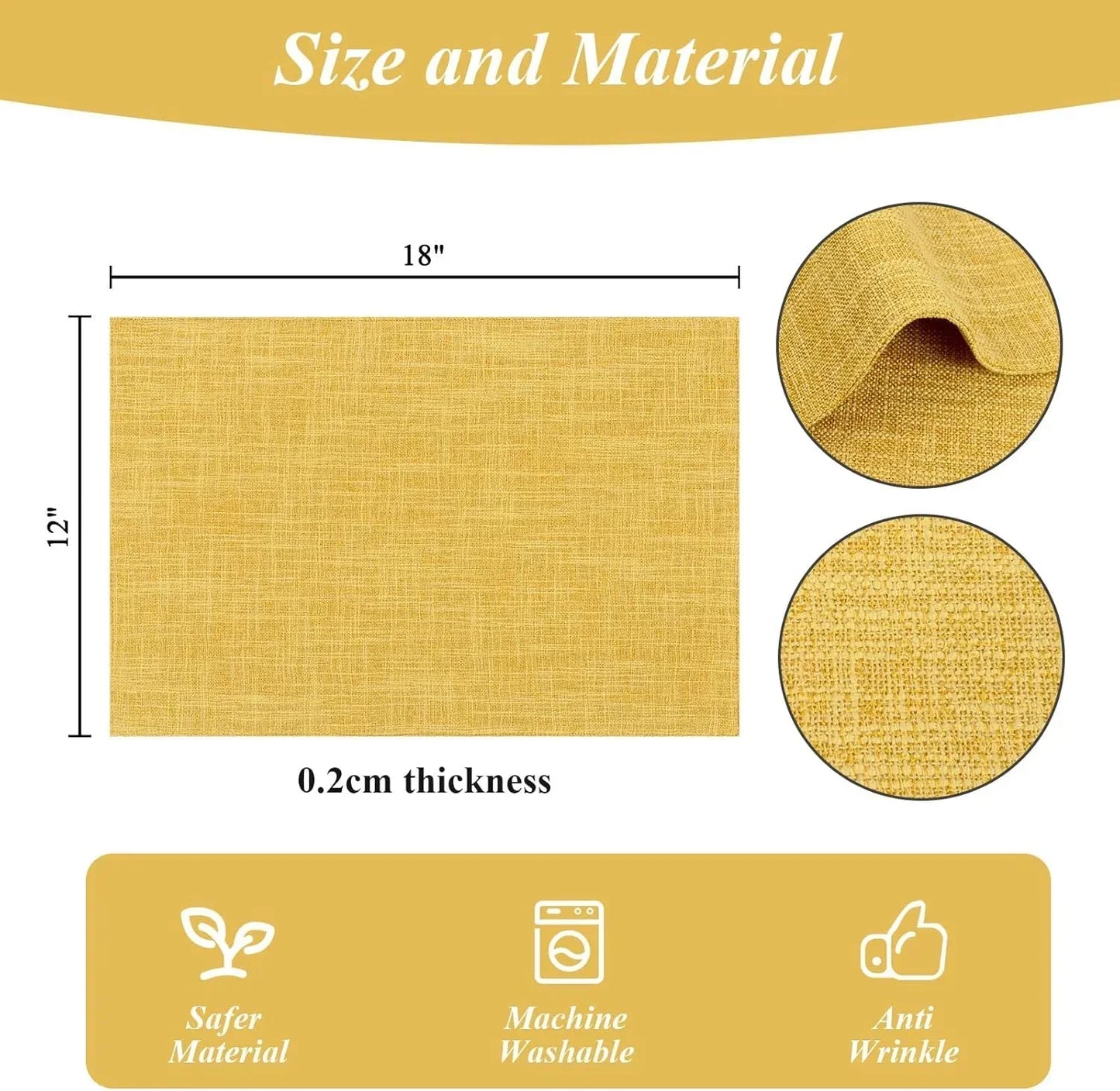 18x12 inch gold placemat, 0.2cm thick, machine washable, anti-wrinkle, safer material for kitchen dining
