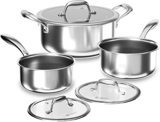 Stainless Steel 6 Pcs Pots Set, 1.5 & 2QT Saucepan and 5-Quart Pots with Lids, Non Stick, Non Toxic, Stay-Cool Handles, Induction, Oven, Dishwasher Safe